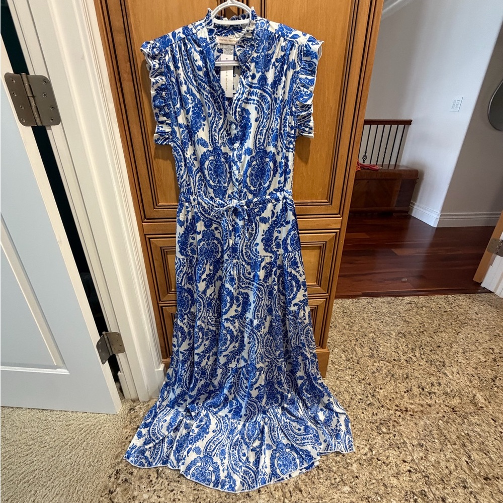 Chic Blue and White Paisley Maxi Dress